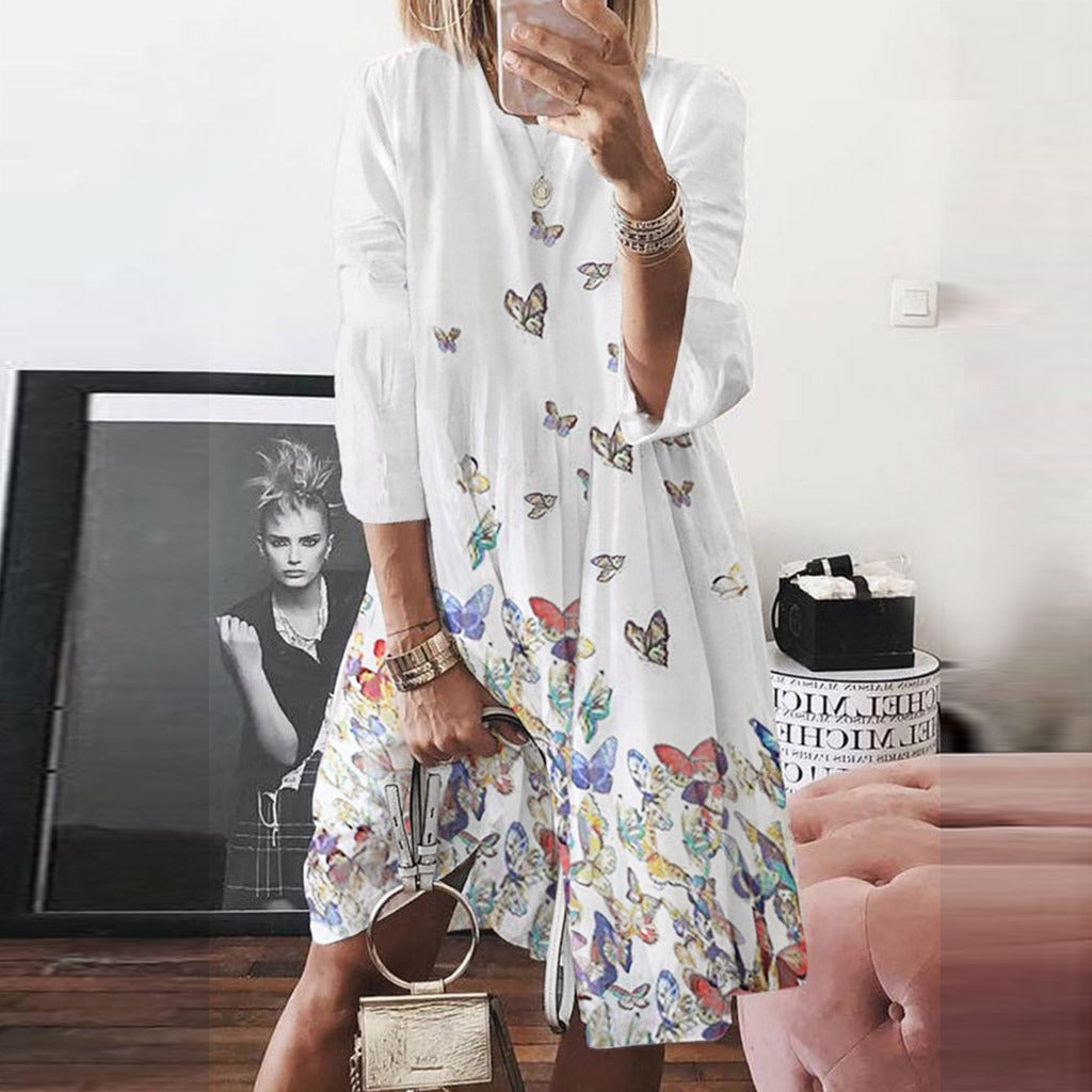 Women’s Long Dress – A-Line Fit – Retro Butterfly Print – Round Neck – Puff 3/4 Sleeve