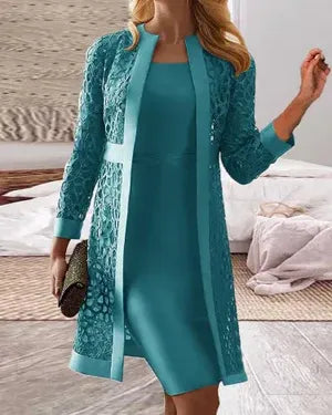 Women’s Two-Piece Set – Lace Knit Jacket – Slim Fit Sleeveless Dress – Knee Length