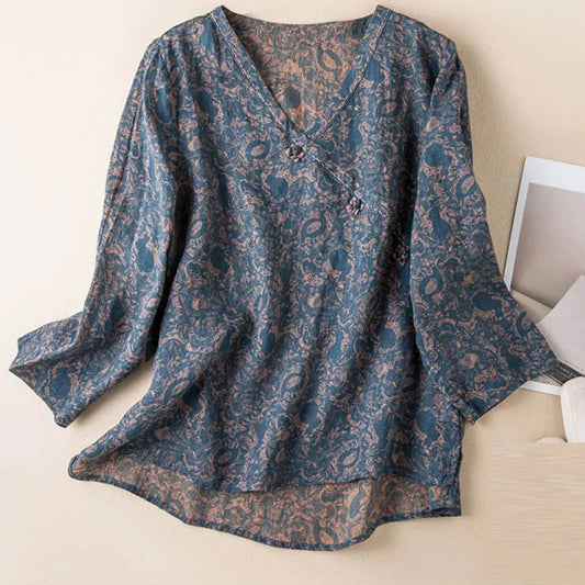 Women’s Blouse – Relaxed Fit Cotton Blend – V-Neck Faux Wrap – Long Sleeve Printed