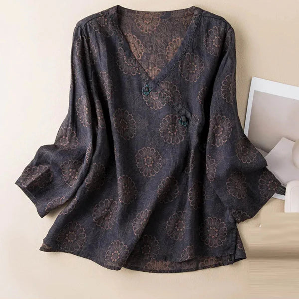Women’s Blouse – Relaxed Fit Cotton Blend – V-Neck Faux Wrap – Long Sleeve Printed