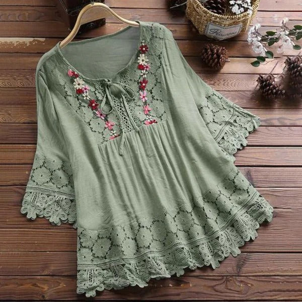 Women’s Tunic Top – Flowy Fit – Cotton Blend – Lace Trim – Embroidered Neckline – 3/4 Sleeve