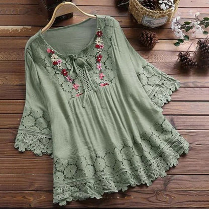 Women’s Tunic Top – Flowy Fit – Cotton Blend – Lace Trim – Embroidered Neckline – 3/4 Sleeve