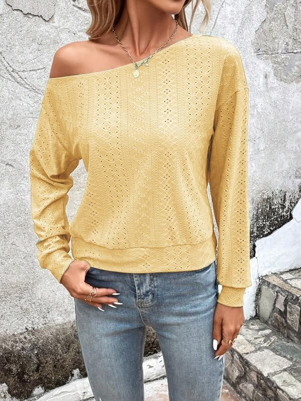 Women’s Sweater - Knit - Relaxed Fit - Asymmetric Neck - Eyelet Pattern