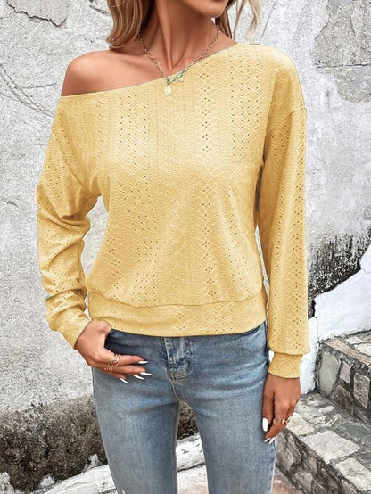 Women’s Sweater - Knit - Relaxed Fit - Asymmetric Neck - Eyelet Pattern