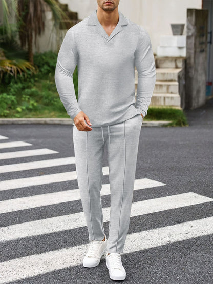 Men’s Waffle Knit Set – Slim Fit – Suit Collar Top – Drawstring Full-Length Pants