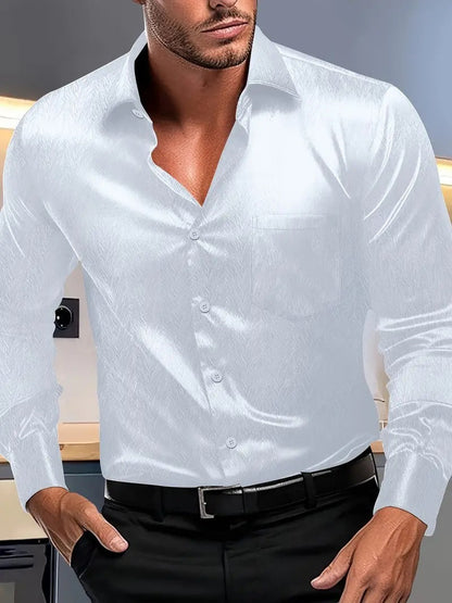Men’s Button-Up Shirt – Slim Fit – Silky Texture – Spread Collar – Chest Pocket – Long Sleeves