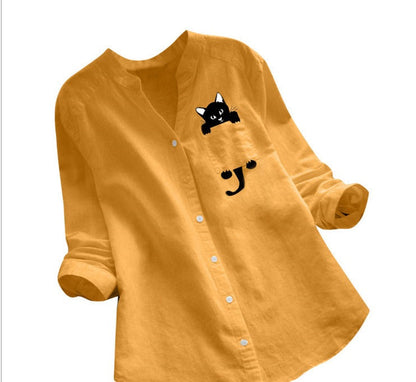 Women’s Long Sleeve Shirt – Cotton Linen – Loose Fit – Button Down – Cat Print Casual
