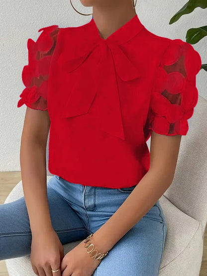 Women’s Blouse – Regular Fit – Sheer Puff Sleeves – Bow Neck – Draped Fabric