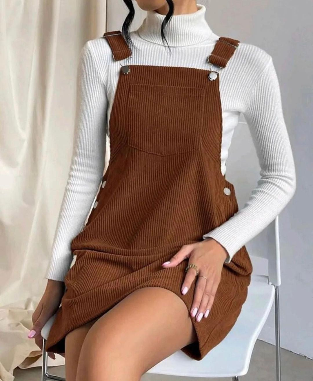 Women’s Midi Dress – Corduroy Ribbed Texture – Relaxed Fit – Adjustable Straps – Casual Wear