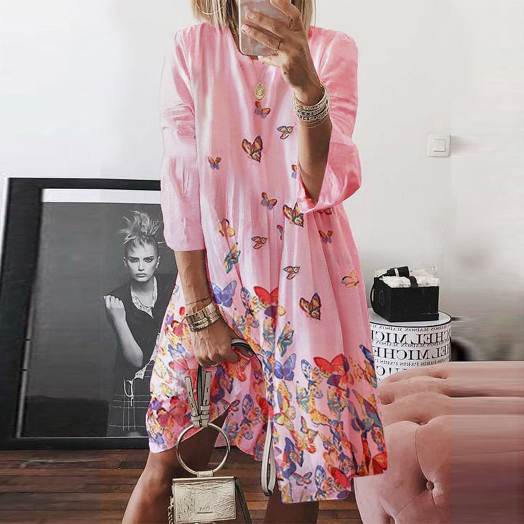 Women’s Long Dress – A-Line Fit – Retro Butterfly Print – Round Neck – Puff 3/4 Sleeve