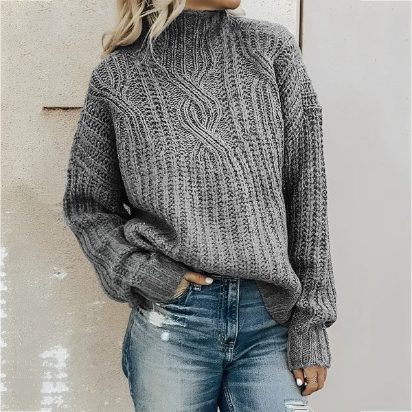 Women’s Sweater – Oversized Fit – Wool Blend – Cable Knit – High Neck – Drop Shoulder