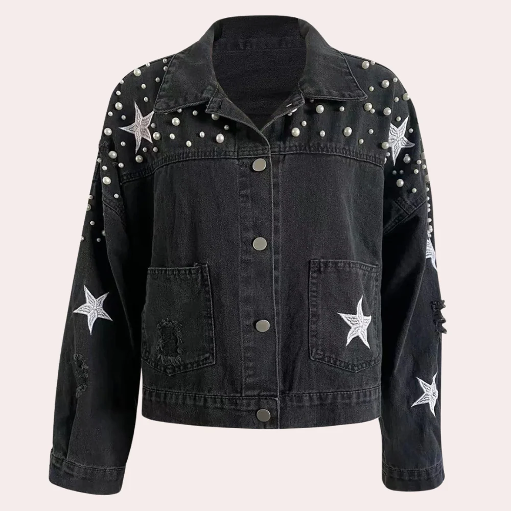 Women’s Denim Jacket – Oversized Fit – Cropped Length – Studded and Patch Detail