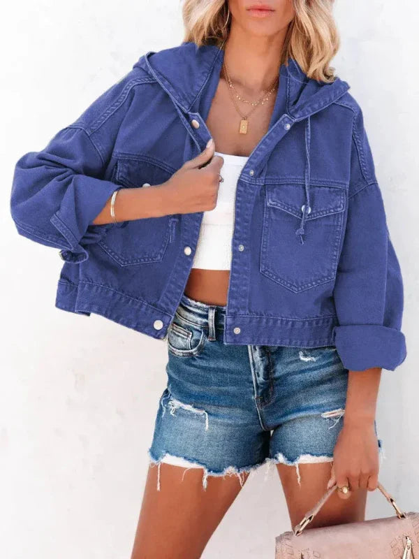 Women’s Denim Jacket – Relaxed Fit – Cropped Length – Hooded with Button Front