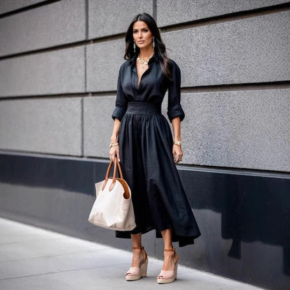 Women’s Midi Dress – Tailored Fit – Belted Waist – Asymmetrical Hem – Midi Length