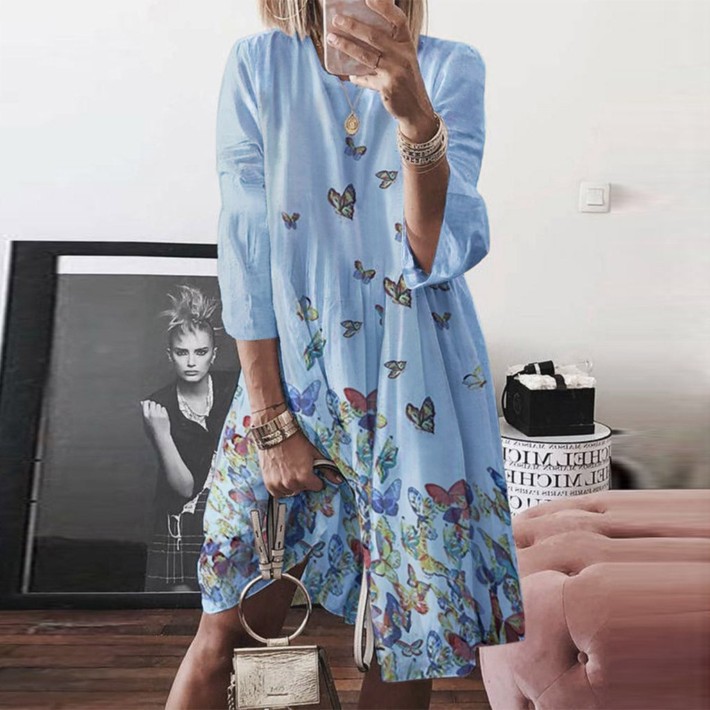 Women’s Long Dress – A-Line Fit – Retro Butterfly Print – Round Neck – Puff 3/4 Sleeve