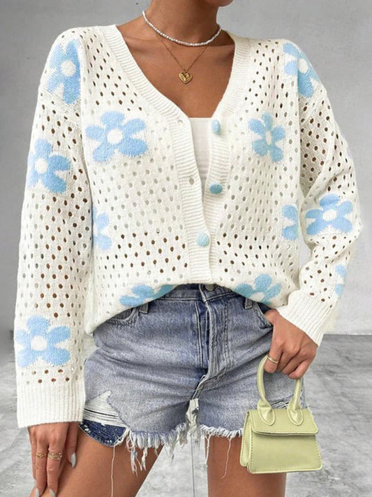 Women’s Cardigan – Relaxed Fit – V-Neck – Floral Jacquard – Open Knit – Button Front