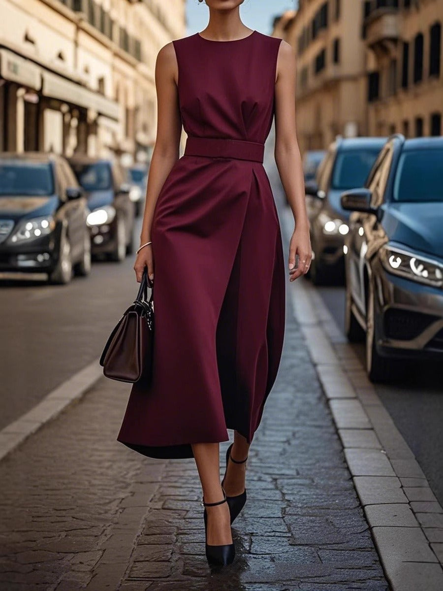 Women’s Midi Dress – Sleeveless High Neck – Fitted Waist – Flowing A-Line Silhouette