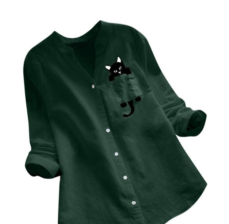 Women’s Long Sleeve Shirt – Cotton Linen – Loose Fit – Button Down – Cat Print Casual