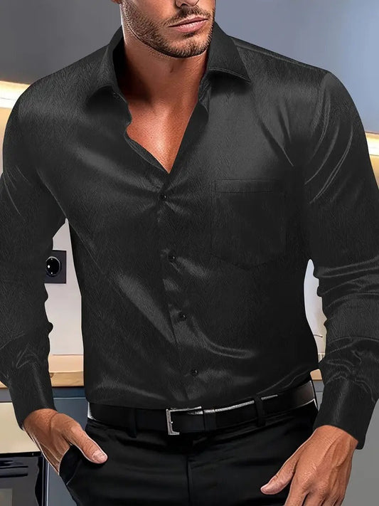 Men’s Button-Up Shirt – Slim Fit – Silky Texture – Spread Collar – Chest Pocket – Long Sleeves