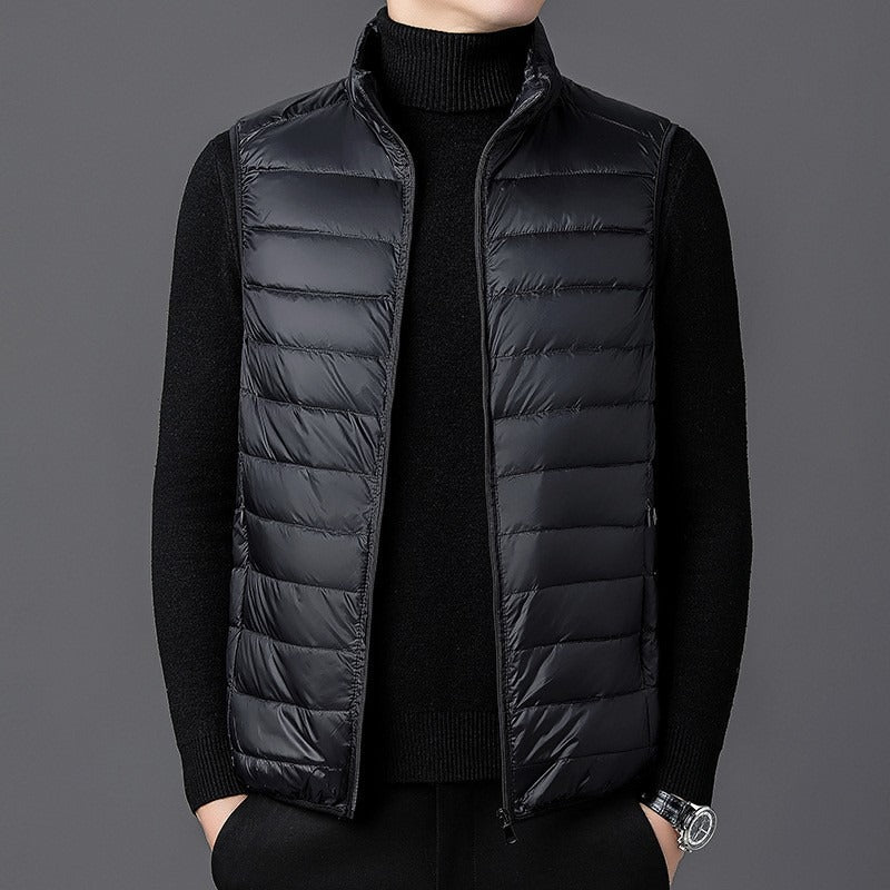 Men’s Quilted Vest – Slim Fit – Silk Cotton – High Collar – Zip Front Layering Piece
