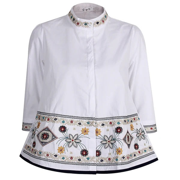 Women’s Tunic Blouse - Cotton - Relaxed Fit - High Collar - Embroidered Detail