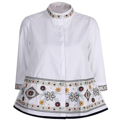 Women’s Tunic Blouse - Cotton - Relaxed Fit - High Collar - Embroidered Detail