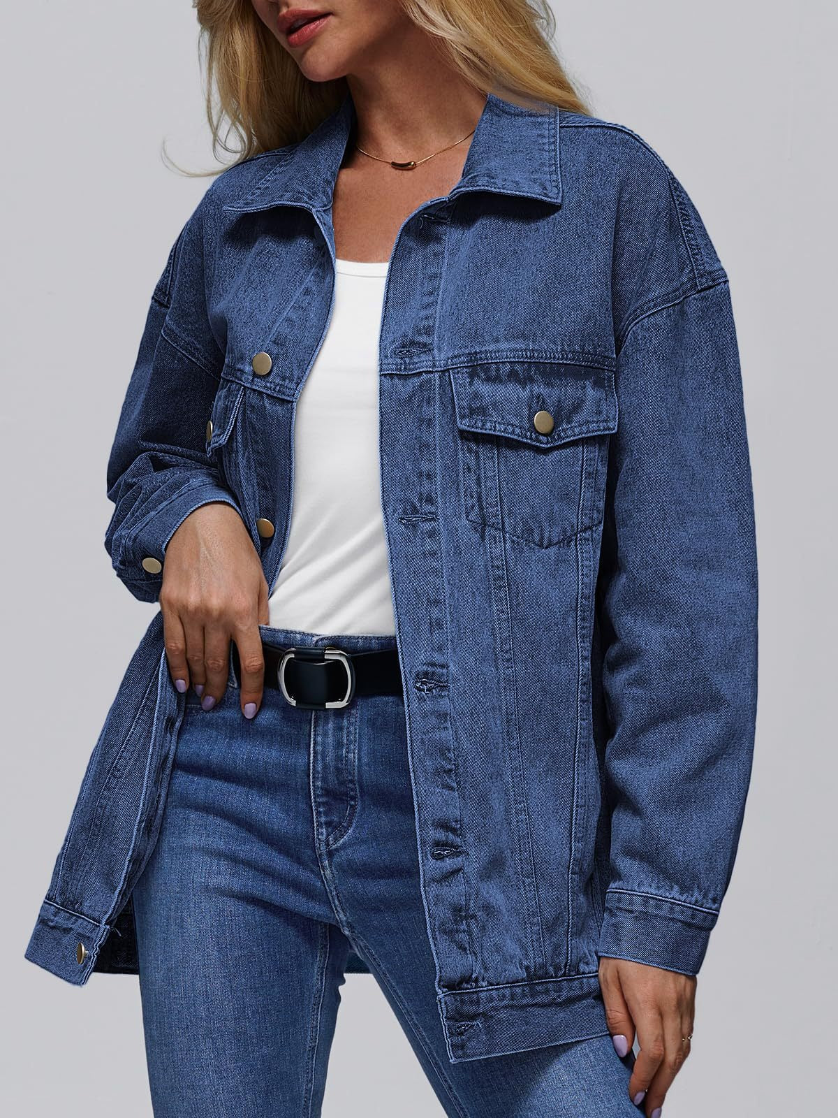 Women’s Denim Jacket – Oversized Fit – Button Front – Flap Pockets – Seam Detail