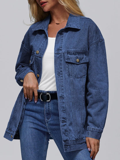 Women’s Denim Jacket – Oversized Fit – Button Front – Flap Pockets – Seam Detail
