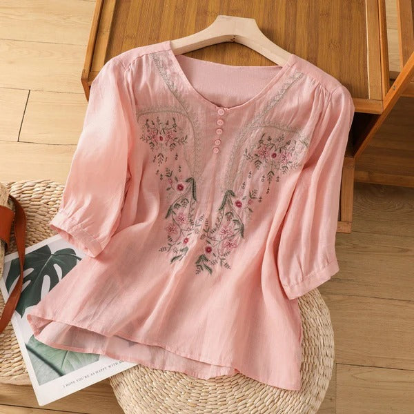 Women’s Blouse – Relaxed Fit – Cotton – Floral Embroidery – 3/4 Sleeve – Button Neck