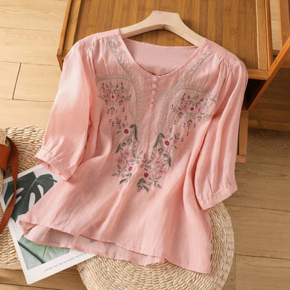 Women’s Blouse – Relaxed Fit – Cotton – Floral Embroidery – 3/4 Sleeve – Button Neck