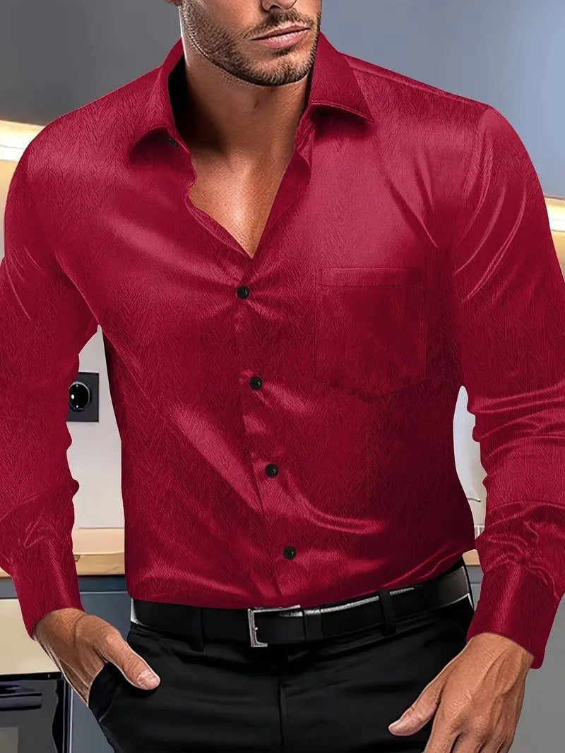 Men’s Button-Up Shirt – Slim Fit – Silky Texture – Spread Collar – Chest Pocket – Long Sleeves