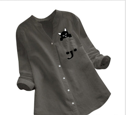 Women’s Long Sleeve Shirt – Cotton Linen – Loose Fit – Button Down – Cat Print Casual