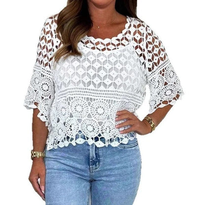 Women’s Cropped Blouse – Crochet Knit – Relaxed Fit – Scalloped Hem – 3/4 Sleeve