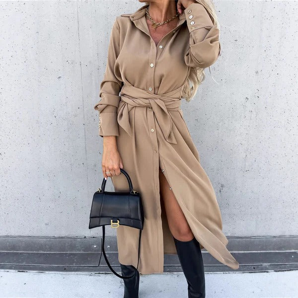Women’s Shirtdress – Tailored Fit – Button-Down Front – Waist Tie – Midi Length