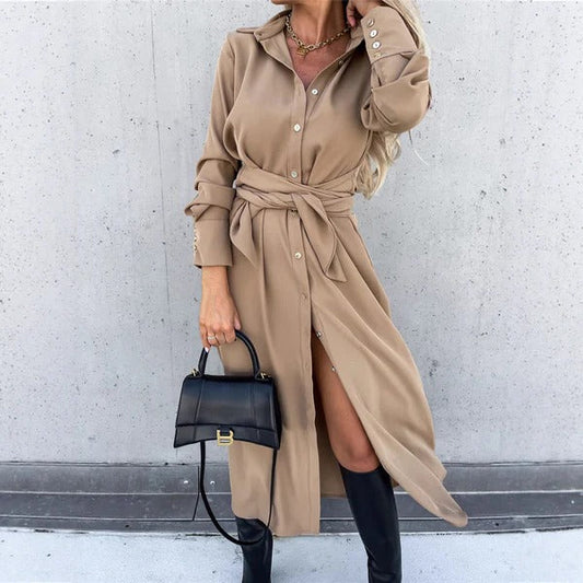 Women’s Shirtdress – Tailored Fit – Button-Down Front – Waist Tie – Midi Length