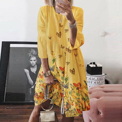 Women’s Long Dress – A-Line Fit – Retro Butterfly Print – Round Neck – Puff 3/4 Sleeve