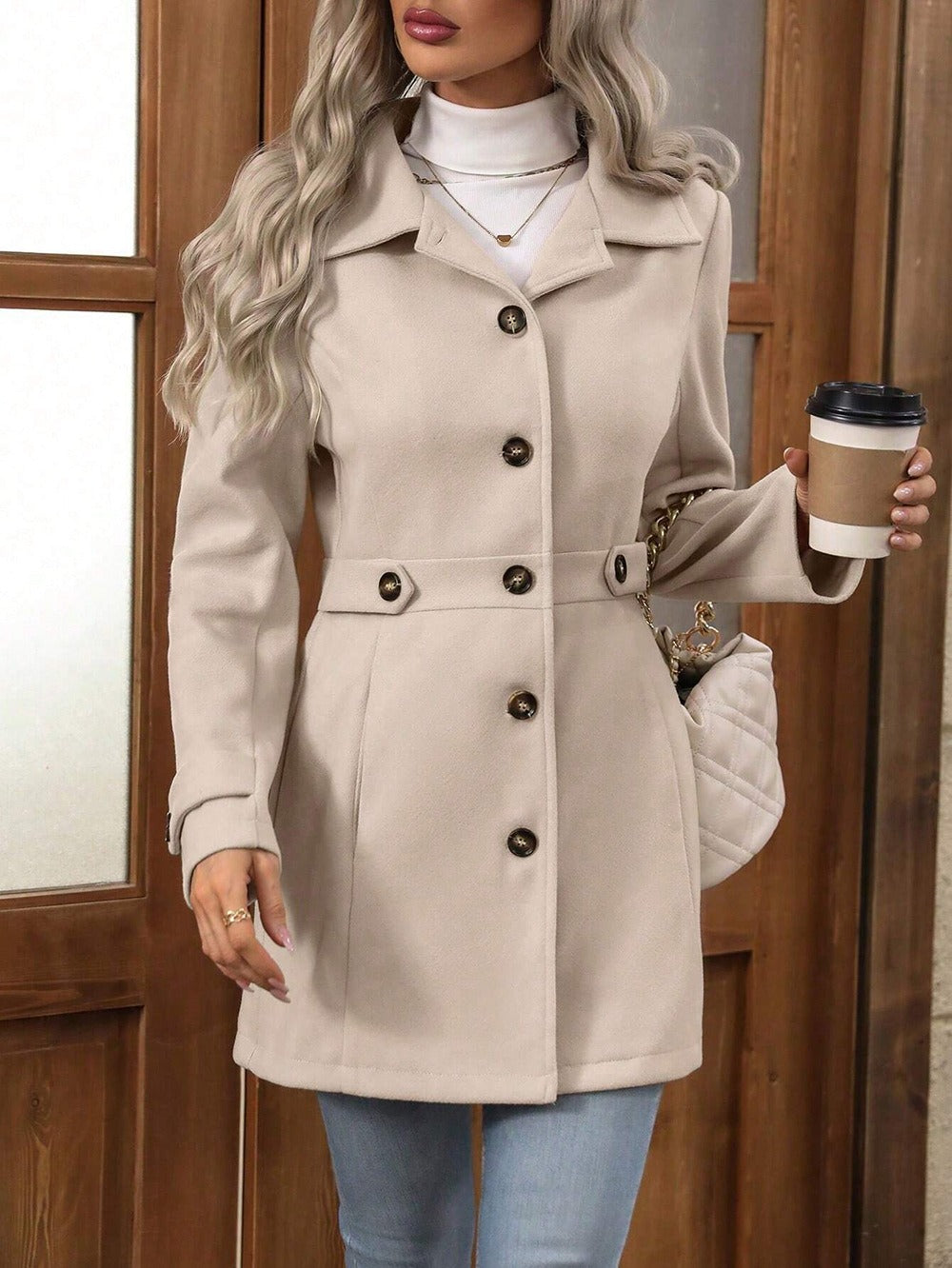 Women’s Wool Coat – Slim Fit – Tailored Waist – Lapel Collar – Button Front