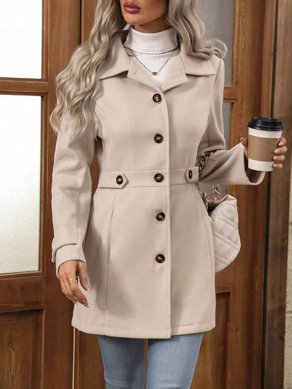 Women’s Wool Coat – Slim Fit – Tailored Waist – Lapel Collar – Button Front