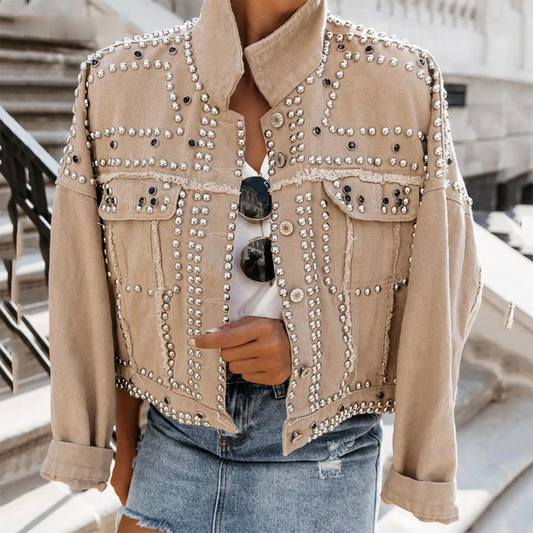 Women’s Cropped Jacket – Denim Look – Rivet Detail – Relaxed Fit – Casual Layering