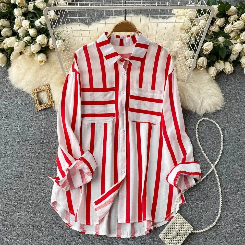 Women’s Shirt Jacket – Loose Fit – Cotton Blend – Button Down – Vertical Stripes