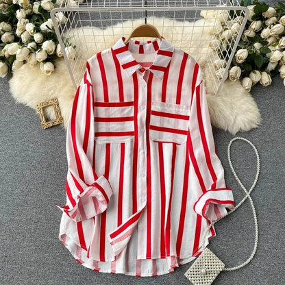 Women’s Shirt Jacket – Loose Fit – Cotton Blend – Button Down – Vertical Stripes