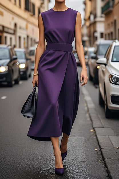 Women’s Midi Dress – Sleeveless High Neck – Fitted Waist – Flowing A-Line Silhouette