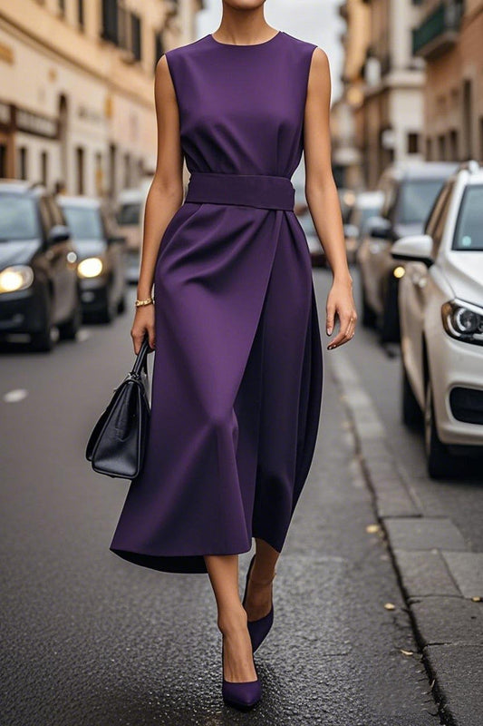 Women’s Midi Dress – Sleeveless High Neck – Fitted Waist – Flowing A-Line Silhouette