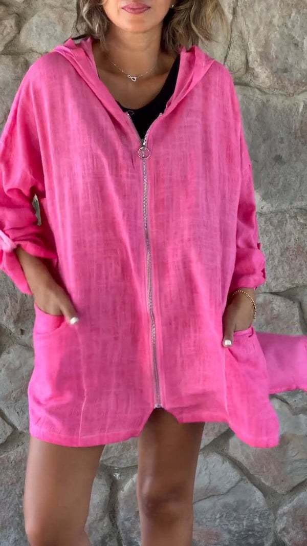 Women’s Lightweight Jacket – Relaxed Fit – Breathable Cotton – Hooded – Zip Closure
