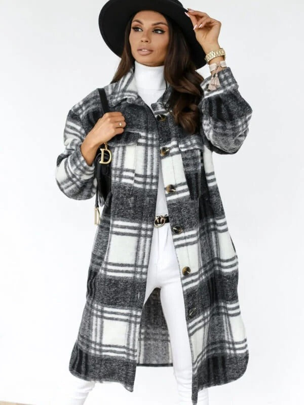 Women’s Coat – Wool Blend – Oversized Fit – Knee Length – Checked – Button Front