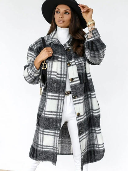 Women’s Coat – Wool Blend – Oversized Fit – Knee Length – Checked – Button Front