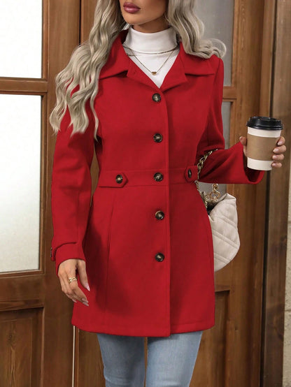 Women’s Wool Coat – Slim Fit – Tailored Waist – Lapel Collar – Button Front