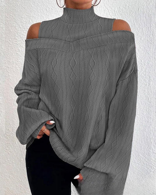 Women’s Sweater Top – Relaxed Fit – High Neck – Open Shoulder – Cable Knit – Long Sleeve