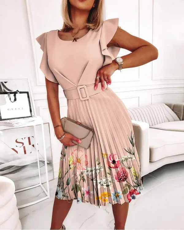 Women's Midi Dress - Satin - Fitted Bodice - Ruffled Sleeves - Belted Waist