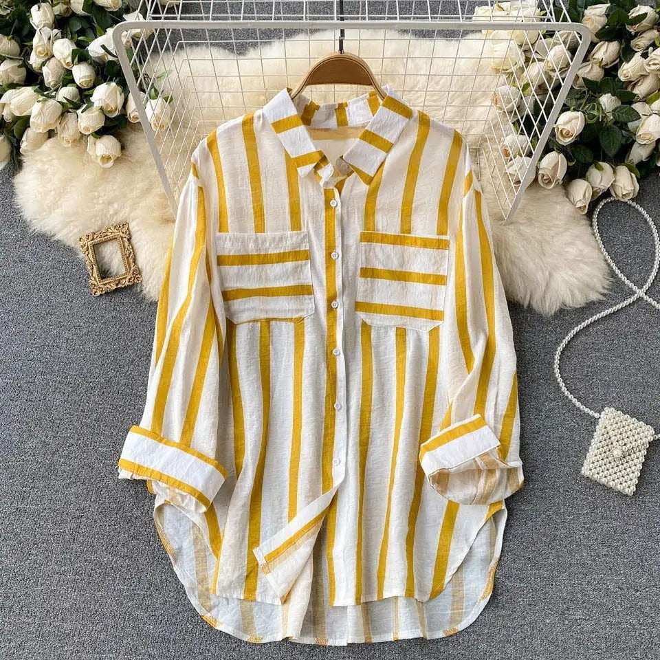 Women’s Shirt Jacket – Loose Fit – Cotton Blend – Button Down – Vertical Stripes